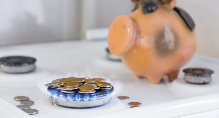 the concept of reasonable savings in utilities. cash coins on the gas burner on the background of the piggy Bank